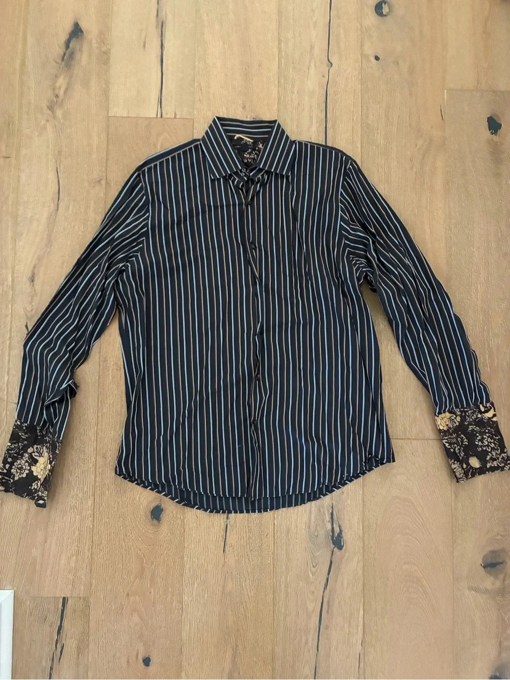 Banana Republic Black Button-Down Shirt with Gray and Brown Stripes